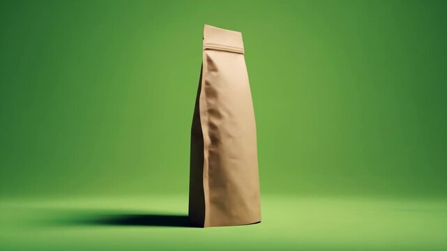 Dynamic Close-Up Pan of a Blank Brown Kraft Paper Pouch Mockup on a Vibrant Green Background