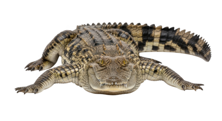 A detailed full body shot of a Nile crocodile with its jaws slightly ajar showing its teeth and yellow eyes on a transparent background