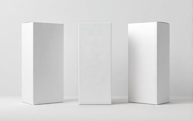 Three blank white cardboard boxes stand upright