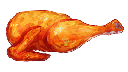 Illustration of a roasted chicken with golden brown skin on a black background in a cartoon style