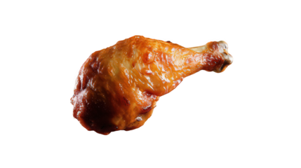 A single roasted chicken leg with crispy skin isolated against a plain black background studio shot