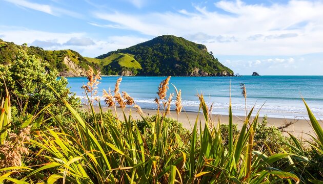 Serene coastal scene with lush vegetation, tranquil beach, and distant hills