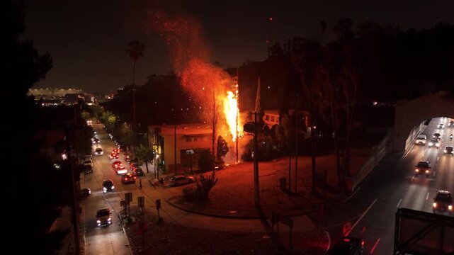 4K Drone Aerial Night Footage of Burning Tree After July 4th Fireworks in LA &ndash; Los Angeles Wildfire Scene, California Night Fire, Urban Fire Accident, Independence Day Fireworks Disaster
