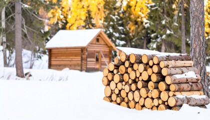 Cozy winter cabin scene with stacked logs in snowy woods evokes peaceful rustic retreat and outdoor lifestyle