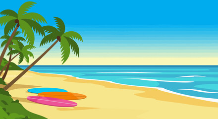 Fototapeta premium Tropical Beach Paradise Surfboards and Palm Trees