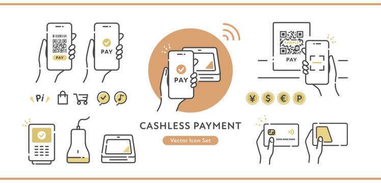 スマホの電子マネー、クレジットカードでタッチ決済をするベクターアイコンセット (キャッシュレス端末)