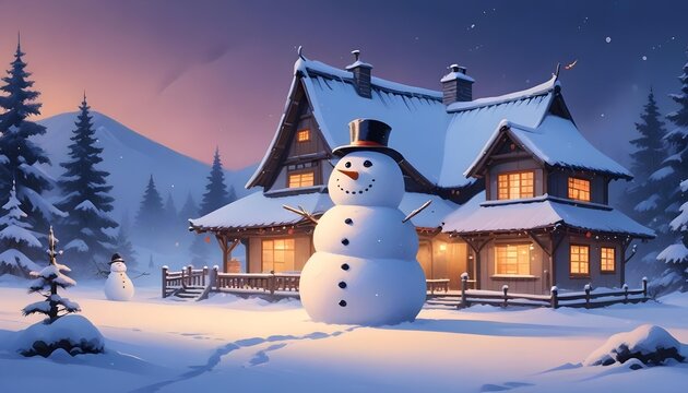 A snowman stands in front of a cozy, snow-covered house at night, surrounded by pine trees and softly falling snowflakes