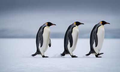 Obraz premium Three penguins walk single file across a snowy, flat Antarctic landscape