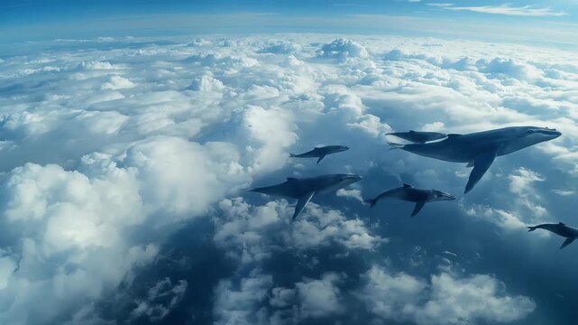 A Vision of Graceful Marine Giants Soaring Through a Sky of Plump Clouds