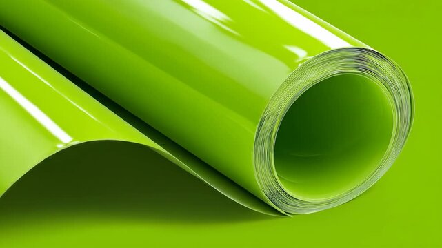 Dynamic Macro Shot of a Glossy Lime Green Vinyl Roll Revealing Smooth Surfaces and Layers