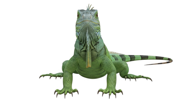 Close-up Frontal View of a Vibrant Green Iguana with Detailed Scales and Black Stripes on its Tail Isolated on a Black Background