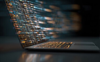 Laptop displaying fast-moving code