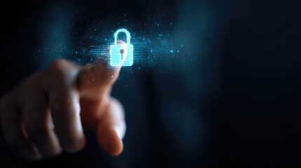 Cybersecurity concept: hand touching holographic lock icon with data flow lines