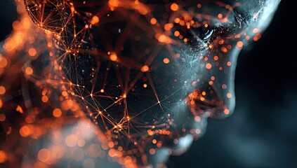 A digital portrait of a face, with interconnected network lines and glowing orange particles