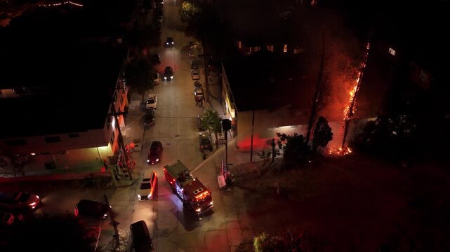 4K Aerial Night Footage of Firefighters Extinguishing Tree Fire After July 4th Fireworks in LA &ndash; Los Angeles Wildfire, Emergency Response, Independence Day Fire Accident, California Nighttime Scene
