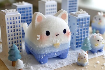 Cute, stylized cat figurine in a winter scene.