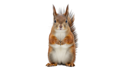 A cute fluffy squirrel with its paws clasped in front standing in the snow on a transparent background
