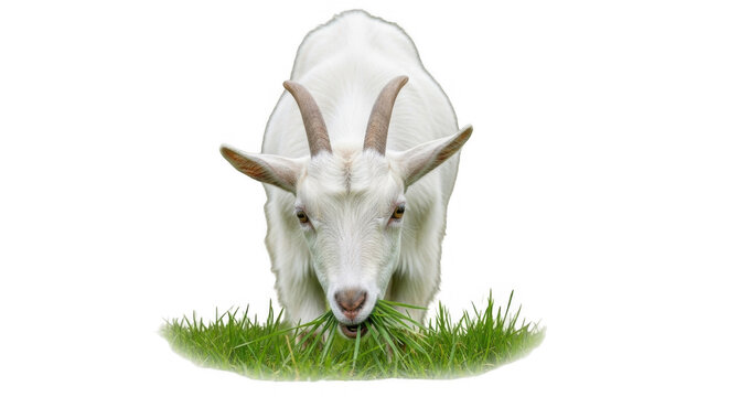 A fluffy white goat with impressive horns grazes peacefully on lush green grass under soft natural lighting creating a serene farm animal portrait - Powered by Adobe