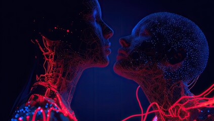 Two digital figures, close, kissing, glowing neon