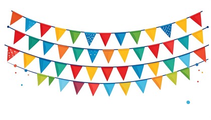 A festive garland of colorful triangle flags hangs gracefully on a white background, displaying vibrant hues and a celebratory mood.