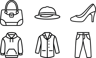 Fashion clothing and accessory line icons handbag