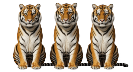 Three majestic tigers sitting proudly showcasing their vibrant orange fur and bold black stripes in a captivating display of wild beauty