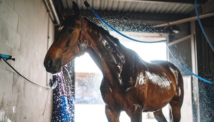 Horse being washed in a stall