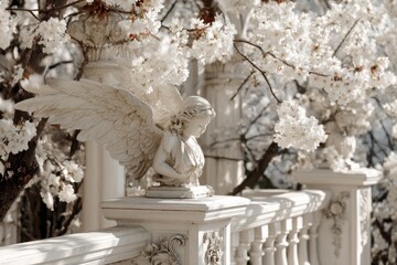 Ornate cherubic angel statue amongst flowering branches.