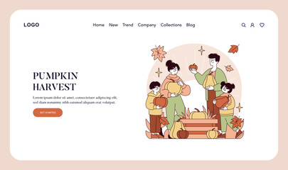 Family Enjoying Pumpkin Harvest Vector Illustration