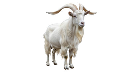 A Majestic White Mountain Goat Stands Proudly on a Rocky Outcrop Displaying its Impressive Curved Horns and Thick Woolly Coat
