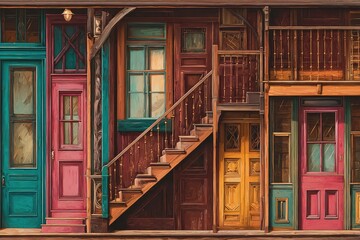 Colorful facade of a row of buildings with ornate doors and windows.