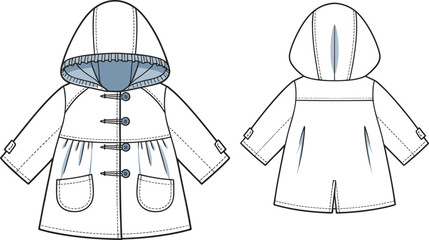 Front and back view of a white hooded children's coat with blue lining and buttons hooded coat white coat
