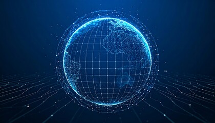 Obraz premium Abstract Digital Sphere Displaying Global Network Connections on Dark Blue Background