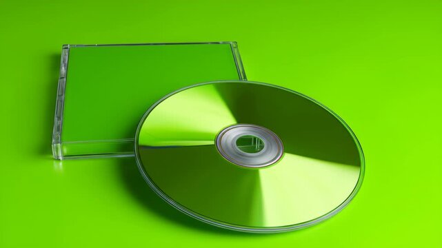 Gleaming Compact Disc and Transparent Jewel Case on a Vibrant, Reflective Green Background