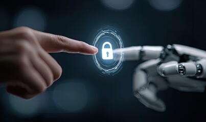 A human hand and a robot arm interact with a holographic lock icon, symbolizing digital security and future technology