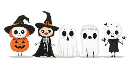Obraz premium Cartoon halloween characters including pumpkin witch ghosts and skeleton on a white background