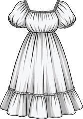 White Victorian style puff sleeve dress with ruffled neckline and hem vintage fashion