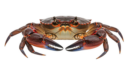 Captivating close-up of a marine crustacean with vibrant claws and a textured carapace showcasing its intricate anatomy