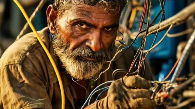 With determination, he repairs live wires in the face of danger..