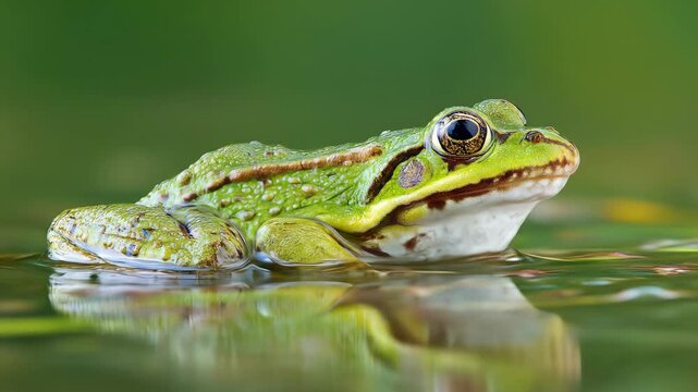 Stunning Macro Close-Up of a Vibrant Green Frog Resting Peacefully in a Calm Pond
