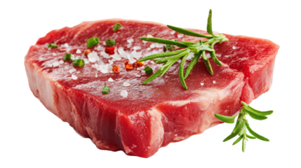 Raw steak with herbs and spices, white isolate background.