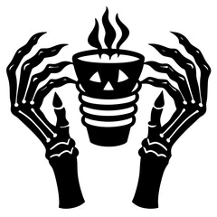 Halloween skeleton hands holding a mug