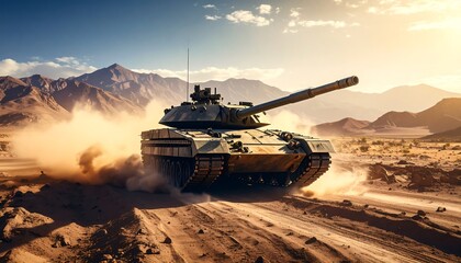 A military tank moves across a dusty desert landscape, its imposing presence highlighted against a backdrop of rugged mountains under a vibrant sun.