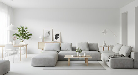 白を基調としたミニマルなリビング空間 柔らかな自然光が差し込む快適な空間. AI Generated