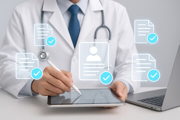 Doctor using a digital tablet to manage patient records, surrounded by floating medical documents with checkmarks, illustrating efficient and verified healthcare data management
