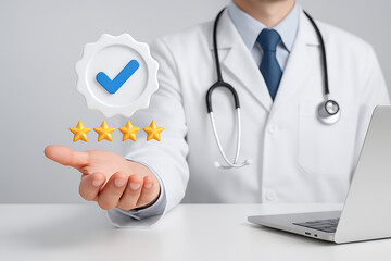 Doctor holding out a hand with four golden stars and a certified checkmark badge, symbolizing excellent and verified quality of healthcare services and patient satisfaction