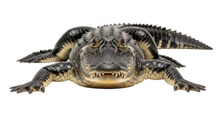 Naklejka premium Close-up front view of a dangerous American alligator showing its sharp teeth and scaly skin with a dark black background in a studio portrait setting