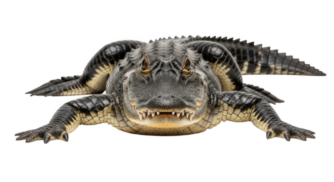 Close-up front view of a dangerous American alligator showing its sharp teeth and scaly skin with a dark black background in a studio portrait setting
