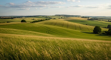 Fototapeta premium Rolling Green Fields A Serene Landscape Under a Cloudy Sky