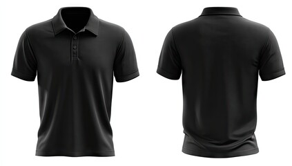 Front and back views of a black polo shirt.  Blank,  men's, short-sleeved,  collared,  button-down,  plain,  solid,  apparel,  fashion,  design,  mock-up,  isolated,  on white background